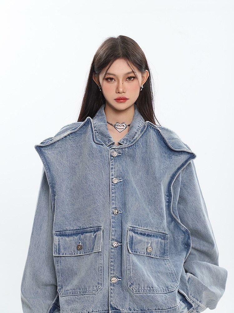 Asymmetric Y2K Denim Jacket for Trendy Summer Outfits and Grunge Aesthetic Looks