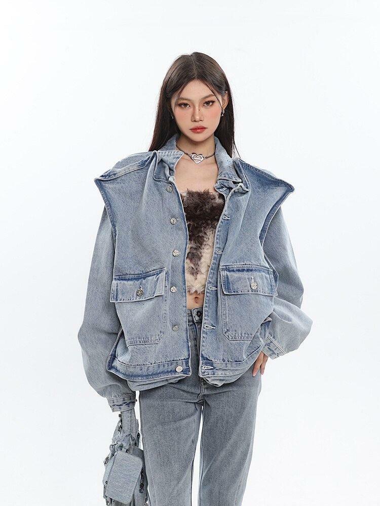 Asymmetric Y2K Denim Jacket for Trendy Summer Outfits and Grunge Aesthetic Looks