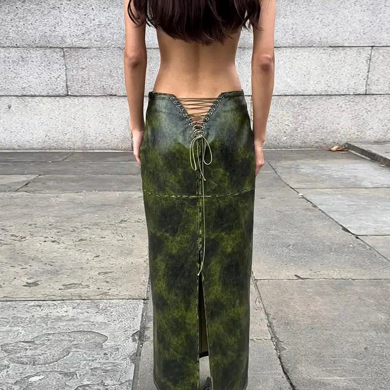 Baddie Y2K Leaf Lace-Up Split Maxi Skirt for Trendy Summer Outfits and Aesthetic Looks