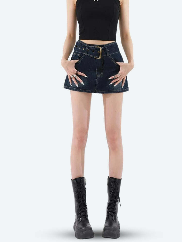 Belted Grunge Denim Mini Skirt - Y2K Style for Effortless Summer Vibes and Aesthetic Looks