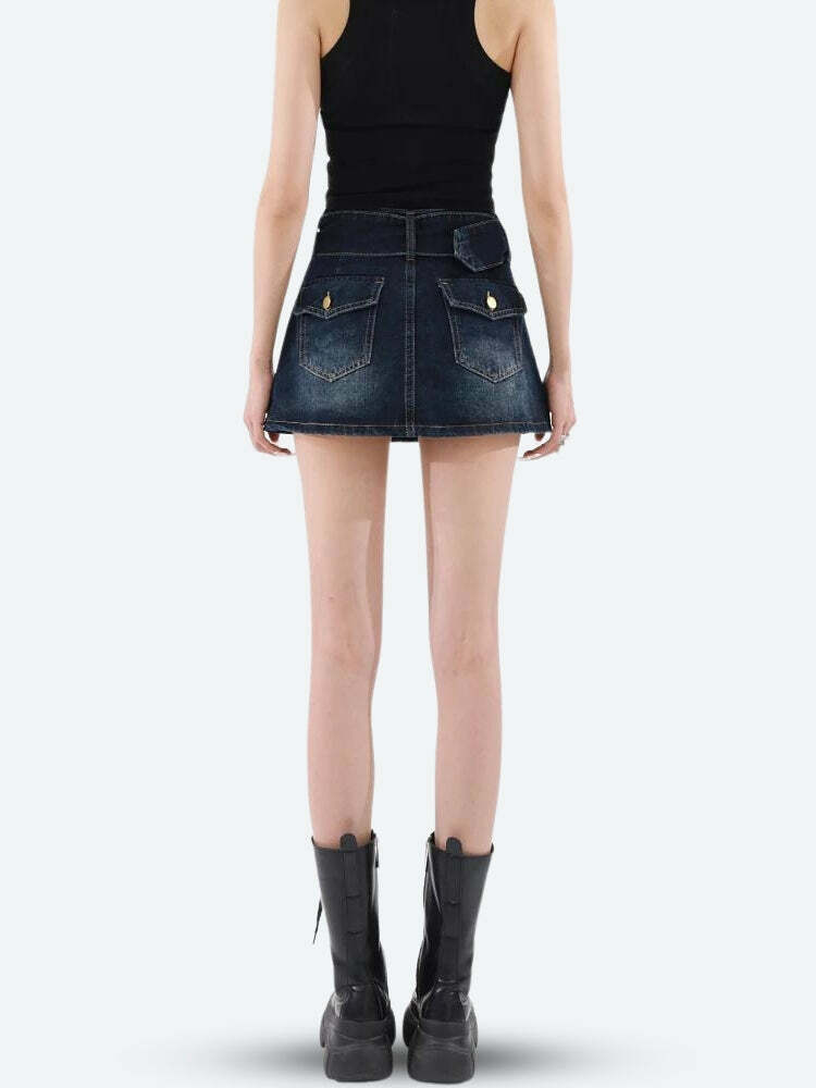 Belted Grunge Denim Mini Skirt - Y2K Style for Effortless Summer Vibes and Aesthetic Looks