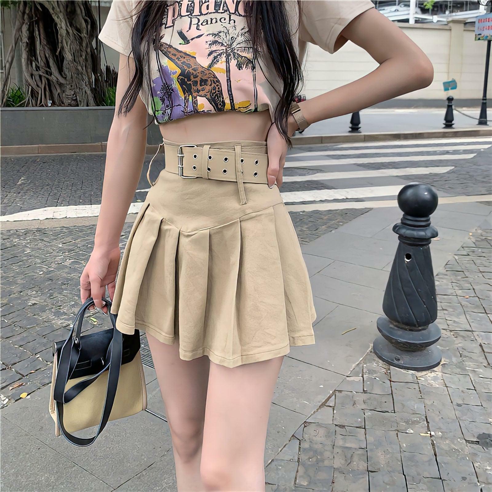 Belted Pleated Mini Skirt - Y2K Aesthetic Summer Fashion Essential for Trendy Outfits