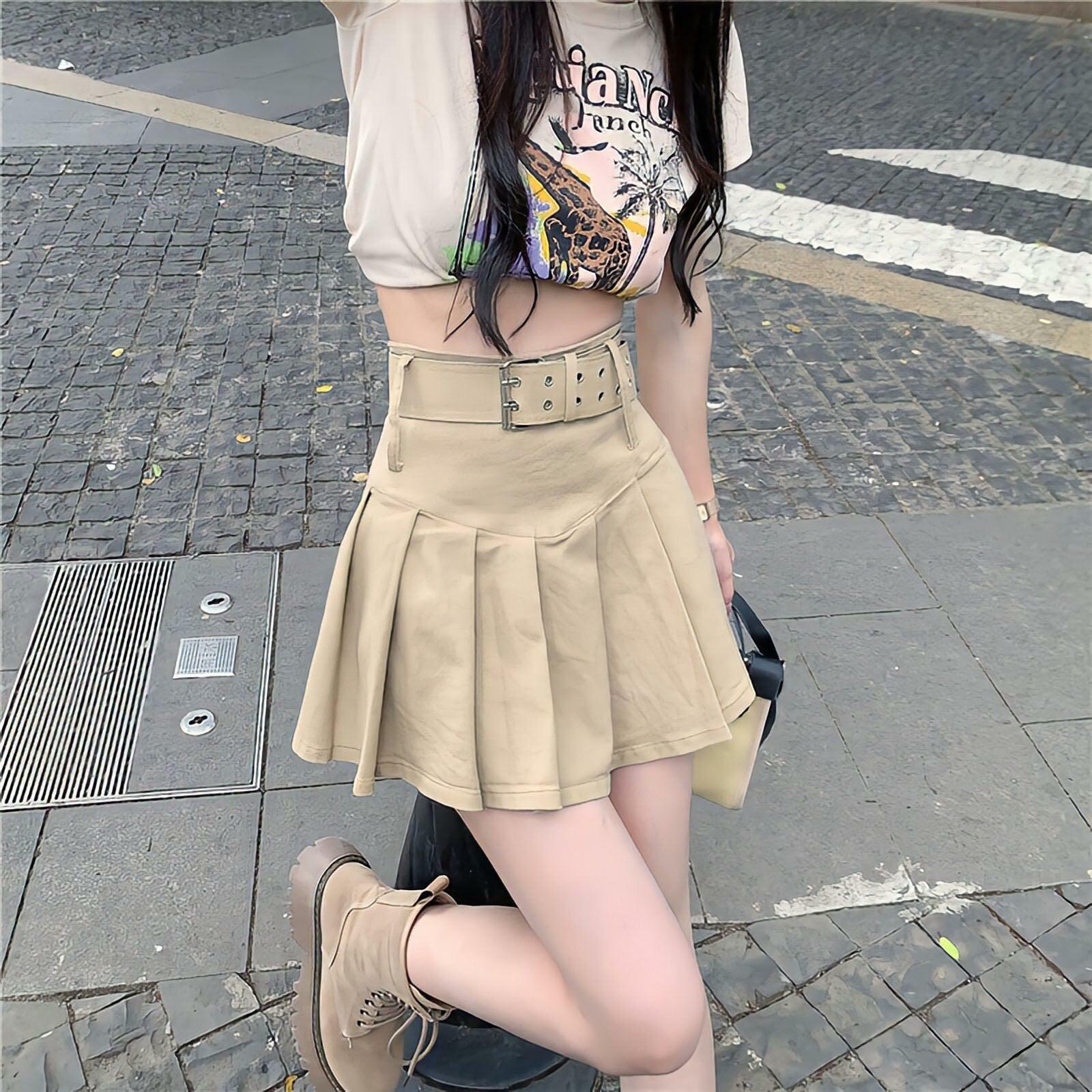 Belted Pleated Mini Skirt - Y2K Aesthetic Summer Fashion Essential for Trendy Outfits