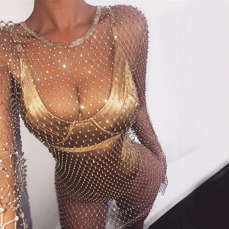 Bling Rhinestones Crystal Long Sleeve Mini Dress - Y2K Aesthetic Party Outfit