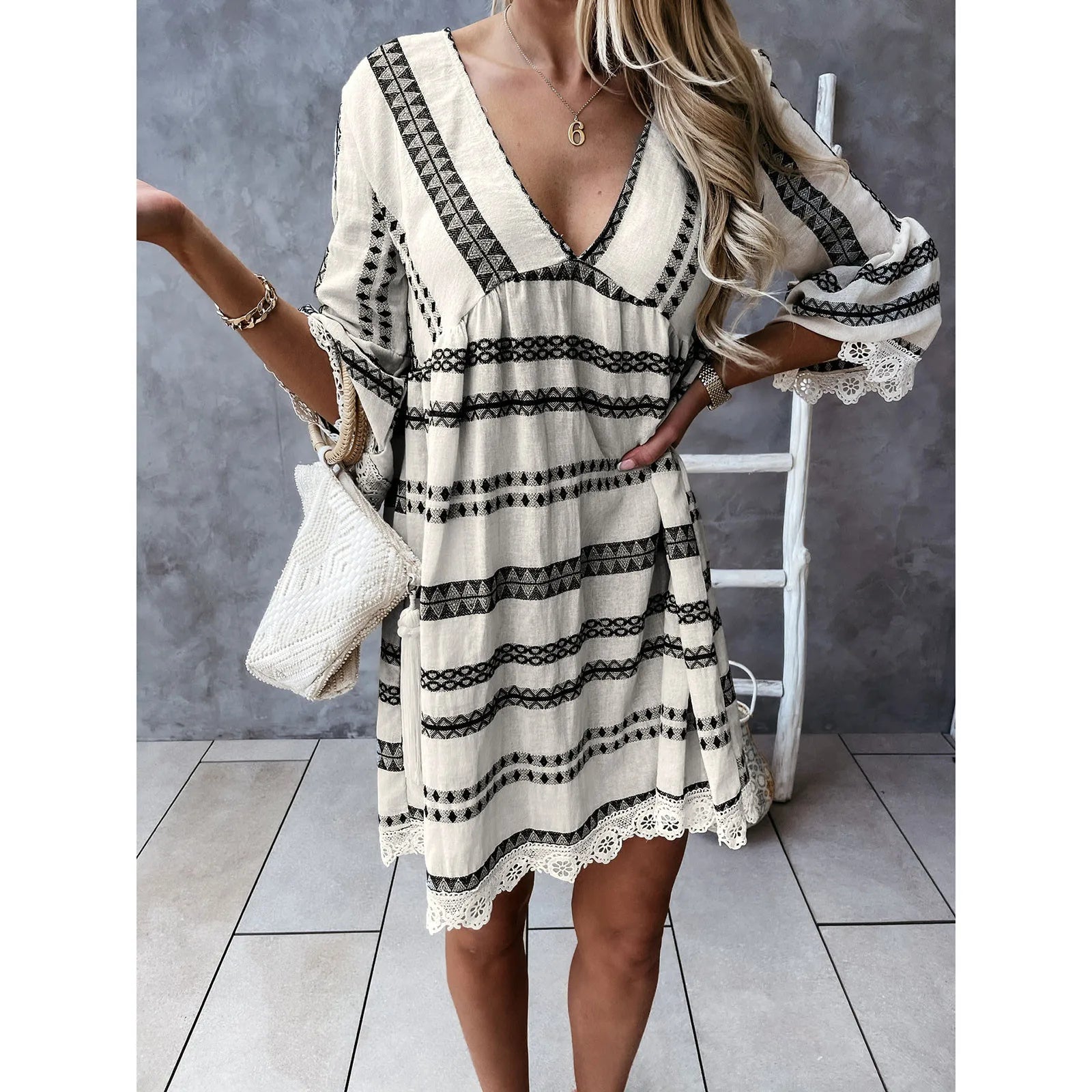 Boho Lace Hem Deep V-Neck Long Sleeve Mini Dress with Tassels for Spring Summer Parties