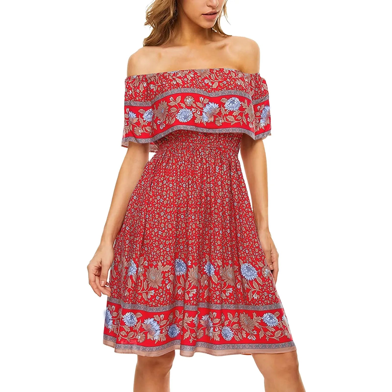 Boho Off Shoulder Ruffle Floral Midi Dress - Y2K Aesthetic Party Outfit for Women