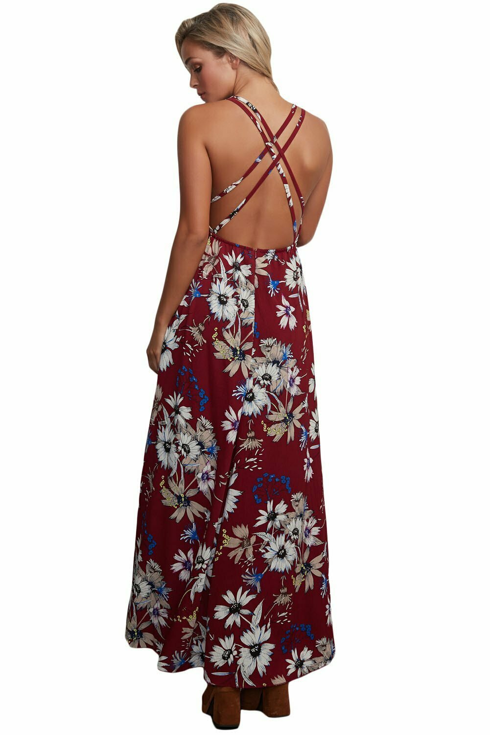 Burgundy Floral Chiffon Maxi Dress with Spaghetti Straps - Y2K Coquette Aesthetic Style