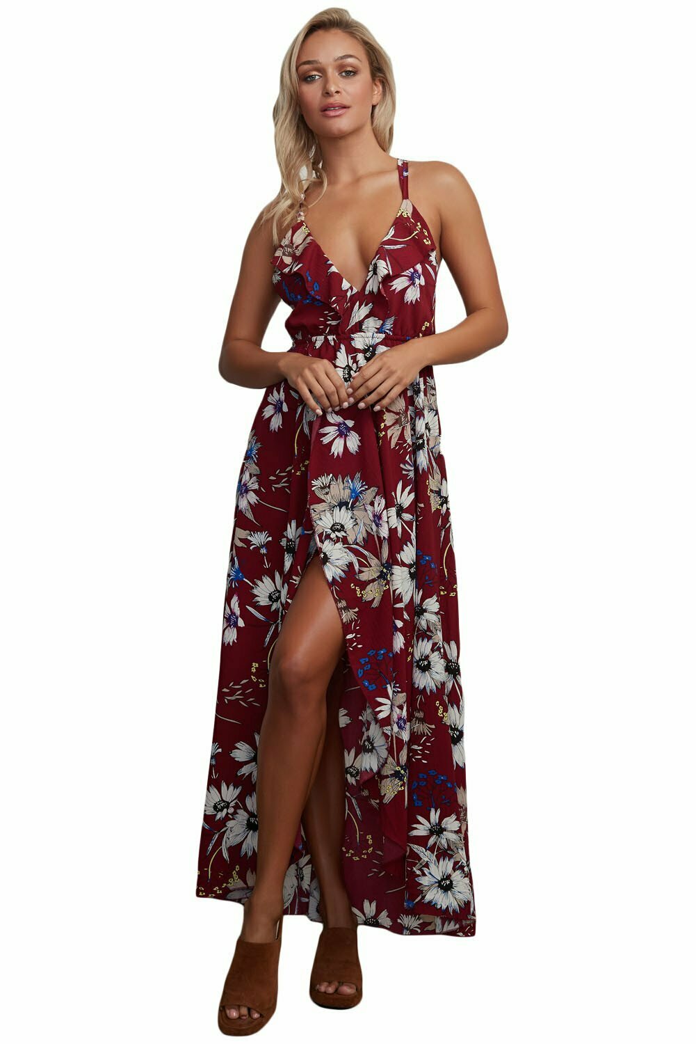 Burgundy Floral Chiffon Maxi Dress with Spaghetti Straps - Y2K Coquette Aesthetic Style