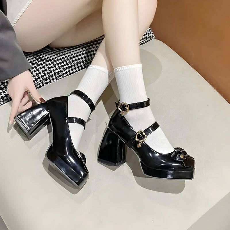 Chic Bow & Heart Mary Jane High Heels for Y2K Fashion Lovers and 90s Aesthetic Enthusiasts