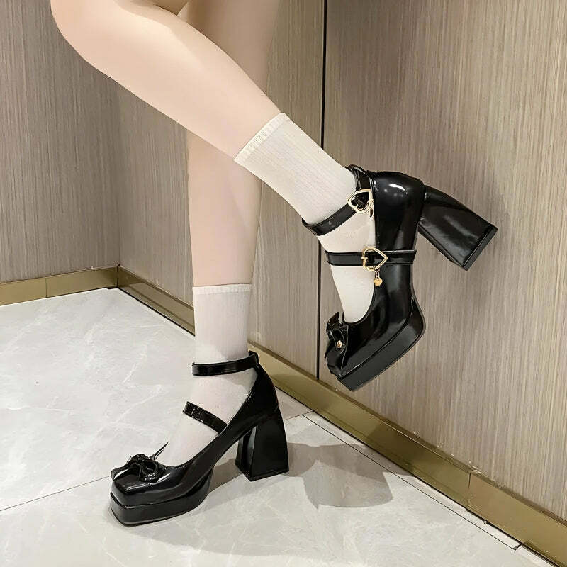 Chic Bow & Heart Mary Jane High Heels for Y2K Fashion Lovers and 90s Aesthetic Enthusiasts