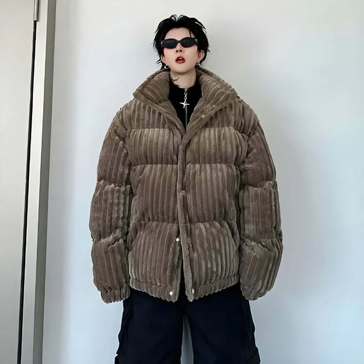 Chic Corduroy Buttoned Puffer Jacket for Y2K Aesthetic and 90s Inspired Outfits