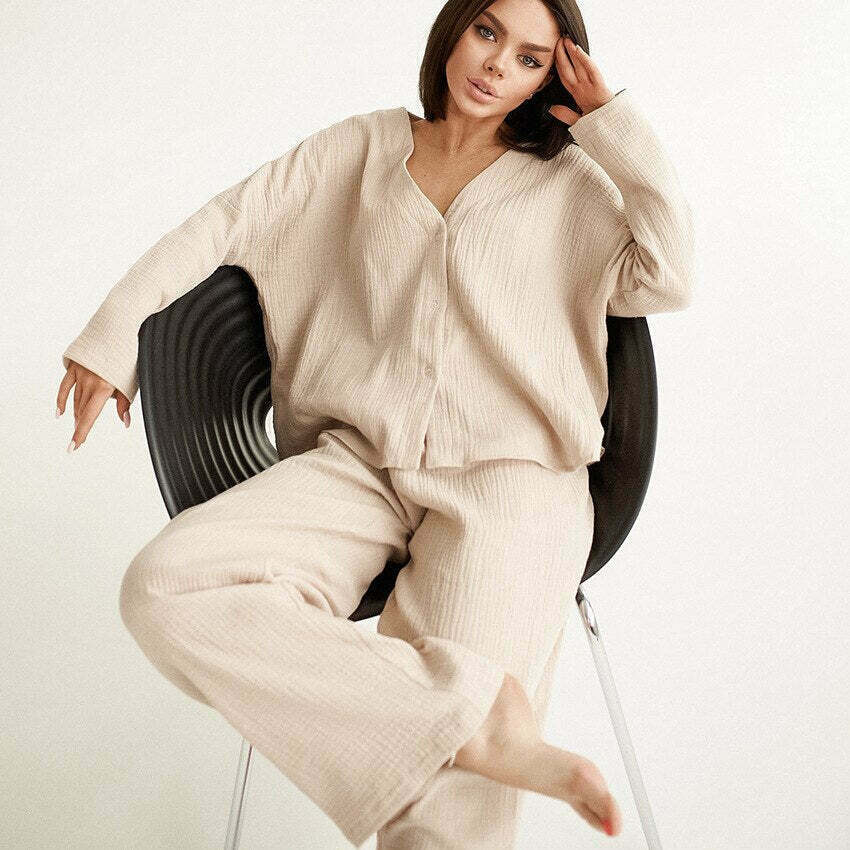 Chic Cotton Linen Solid Long Sleeve Pijama Set for Y2K, Coquette, and Grunge Aesthetics