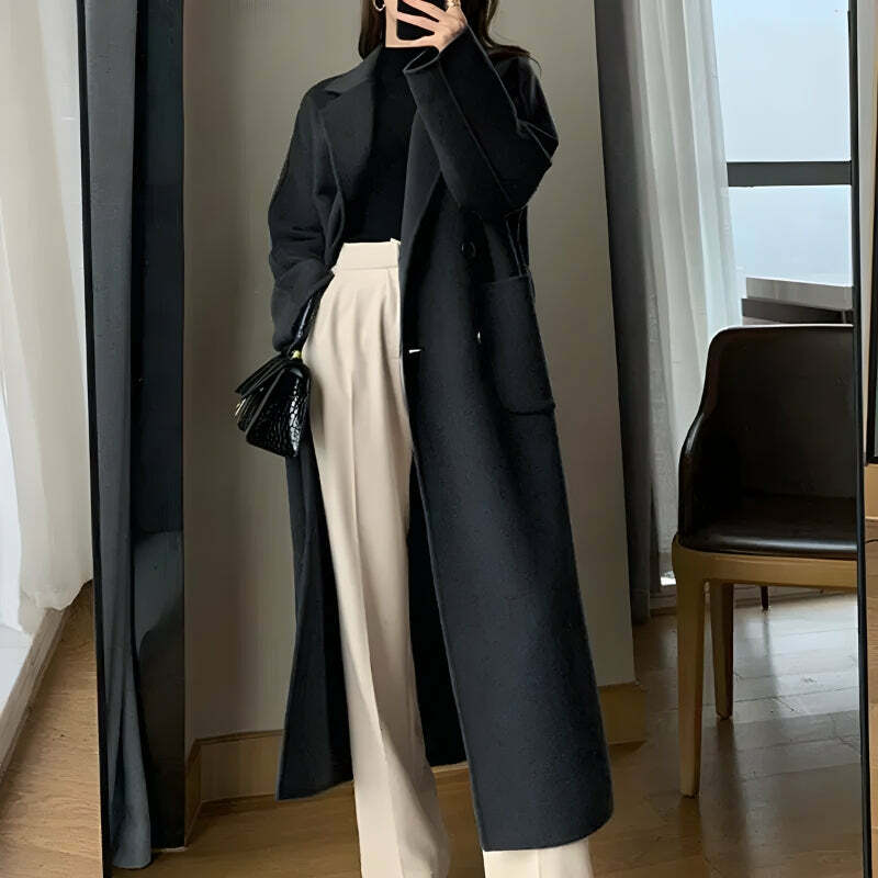 Chic Dark Academia Belted Long Coat for Effortless Y2K and 90s Inspired Style