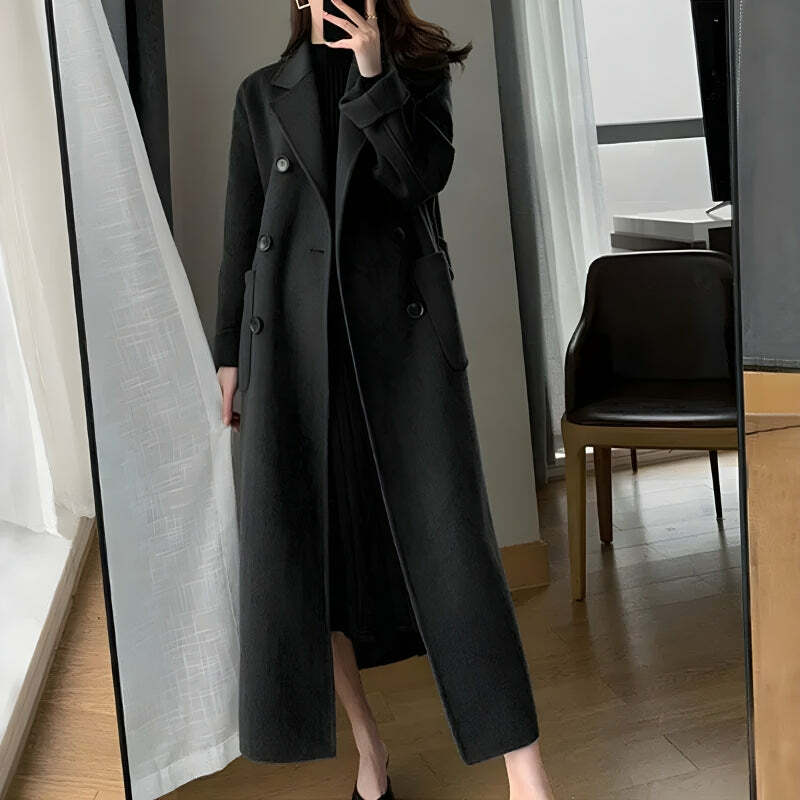 Chic Dark Academia Belted Long Coat for Effortless Y2K and 90s Inspired Style