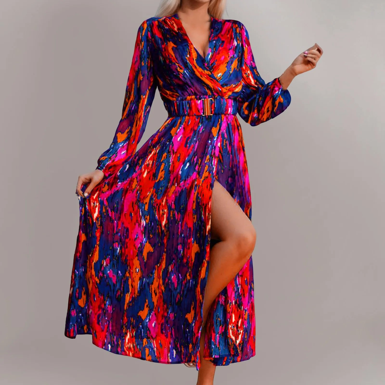 Chic Deep V Neck Print Sashes Dress - Elegant Long Sleeve High Slit for Y2K & Grunge Aesthetic