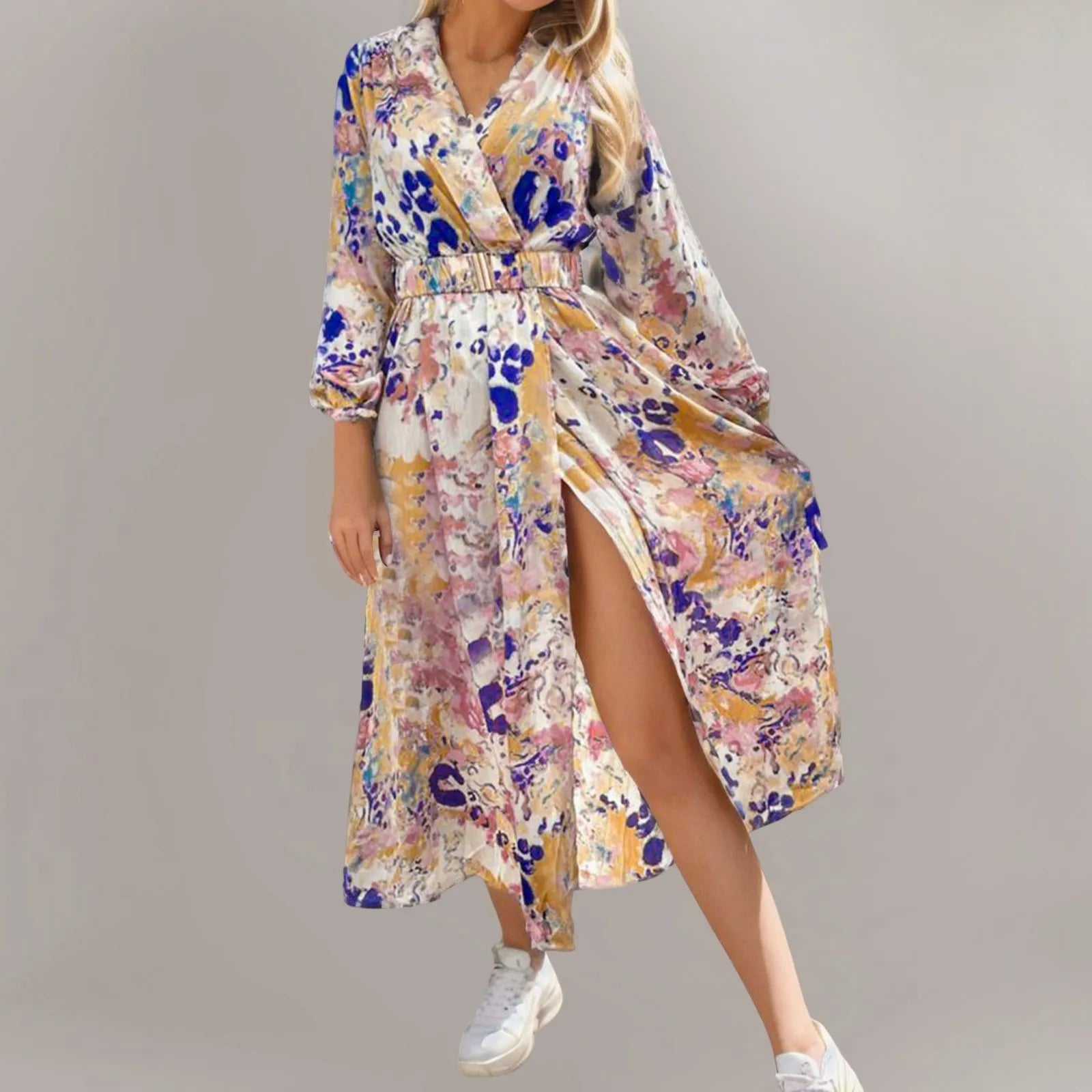 Chic Deep V Neck Print Sashes Dress - Elegant Long Sleeve High Slit for Y2K & Grunge Aesthetic