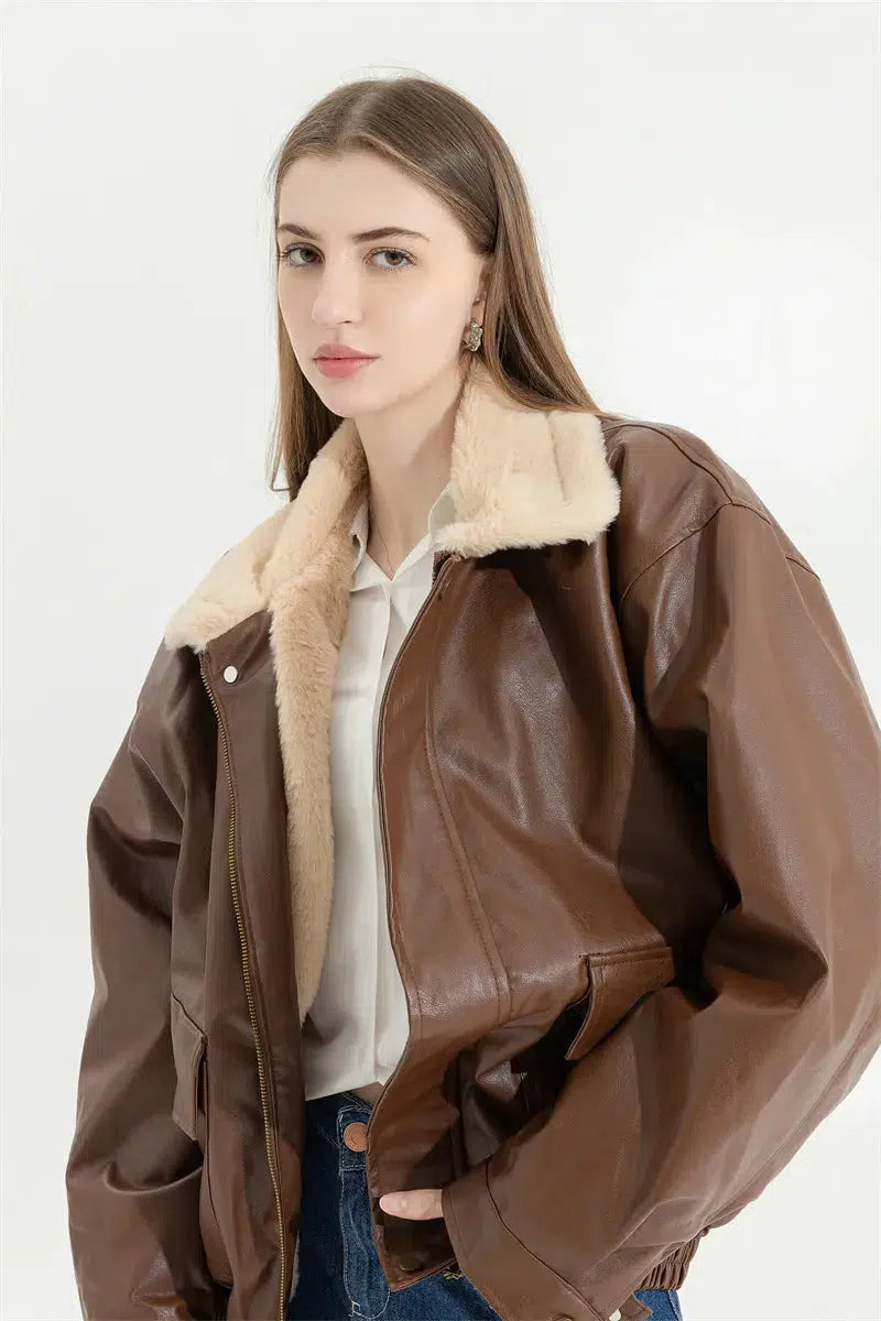 Chic Double-Faced Faux Leather & Fur Jacket for Y2K and 90s Inspired Outfits