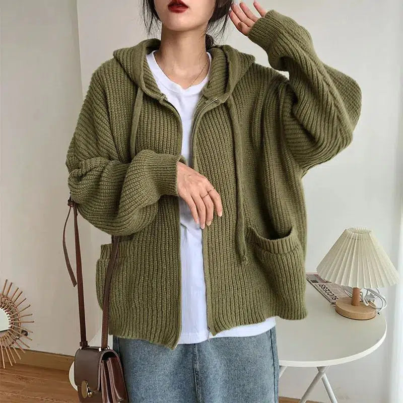 Chic Oversized Knitted Hooded Cardigan for Y2K Aesthetic and Cozy Layering