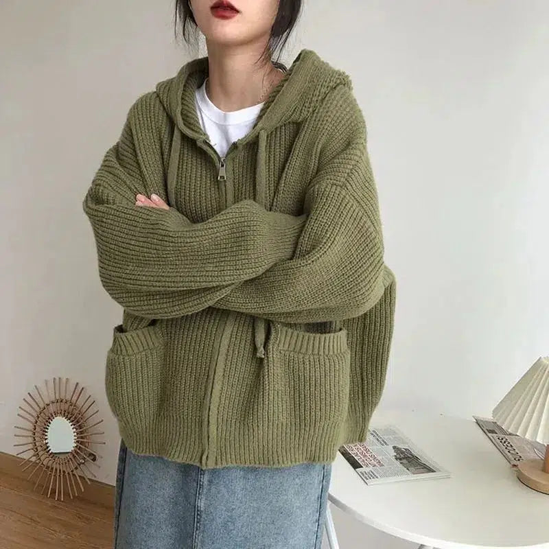 Chic Oversized Knitted Hooded Cardigan for Y2K Aesthetic and Cozy Layering