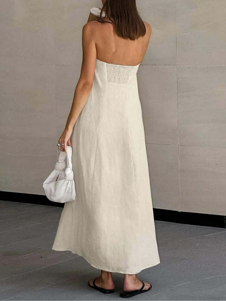 Chic Strapless Linen Midi Dress for Effortless Y2K Summer Style and Aesthetic Vibes