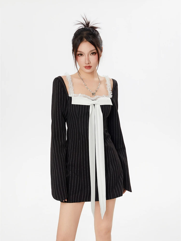 Chic Striped Lace Bow Mini Dress - Y2K Inspired Summer Fashion for Effortless Style