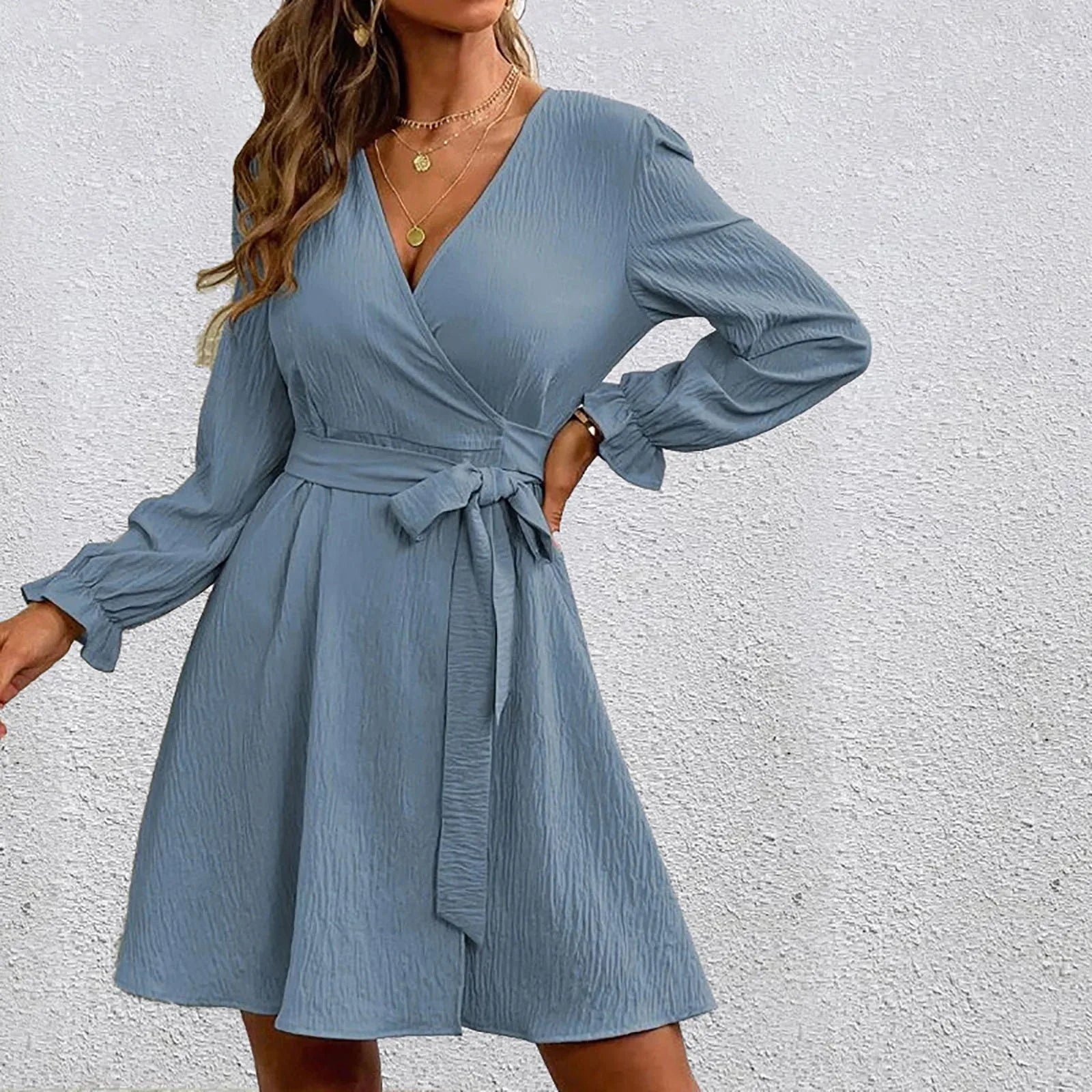 Chic Y2K Aesthetic Long Sleeve Wrap Midi Dress with Belt - Fall Fashion for Stylish Women