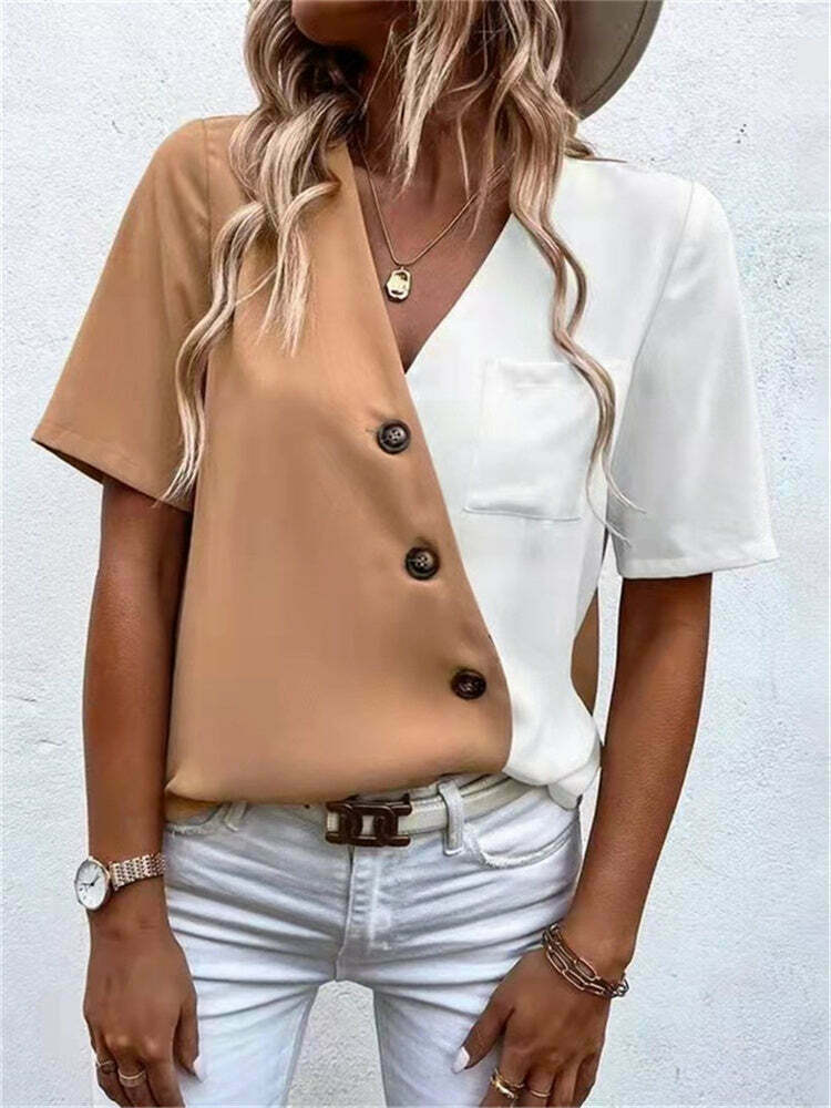 Chic Y2K Contrast Color Chiffon Blouse with Oblique Buckle & V-Neck for Aesthetic Outfits