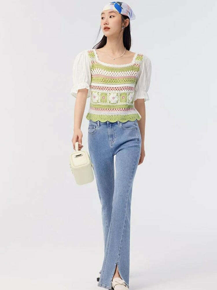 Chic Y2K Floral Hollow Out Knitted Top for Effortless Summer Style and Aesthetic Vibes