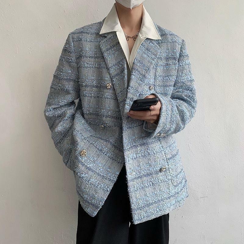 Chic Y2K-Inspired Lapel Collar Blue Tweed Blazer for Effortless 90s Fashion Vibes