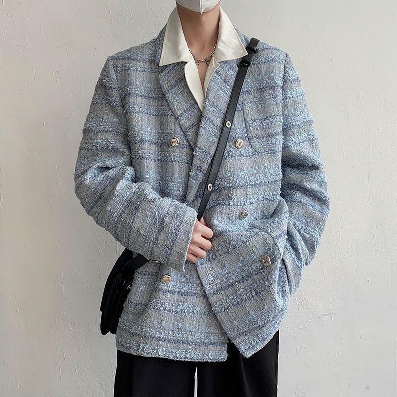 Chic Y2K-Inspired Lapel Collar Blue Tweed Blazer for Effortless 90s Fashion Vibes