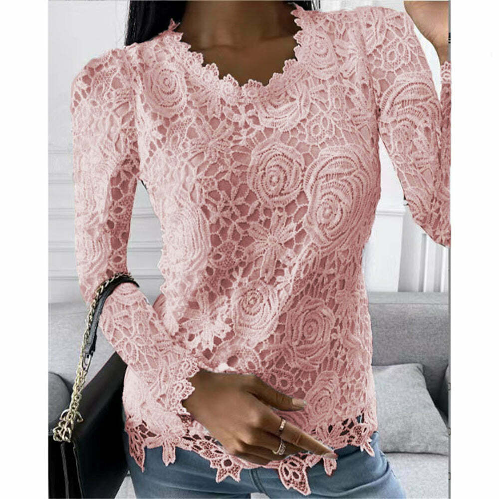 Chic Y2K Lace Patchwork V-Neck Top - Cute Grunge Aesthetic Shirt for Stylish Outfits