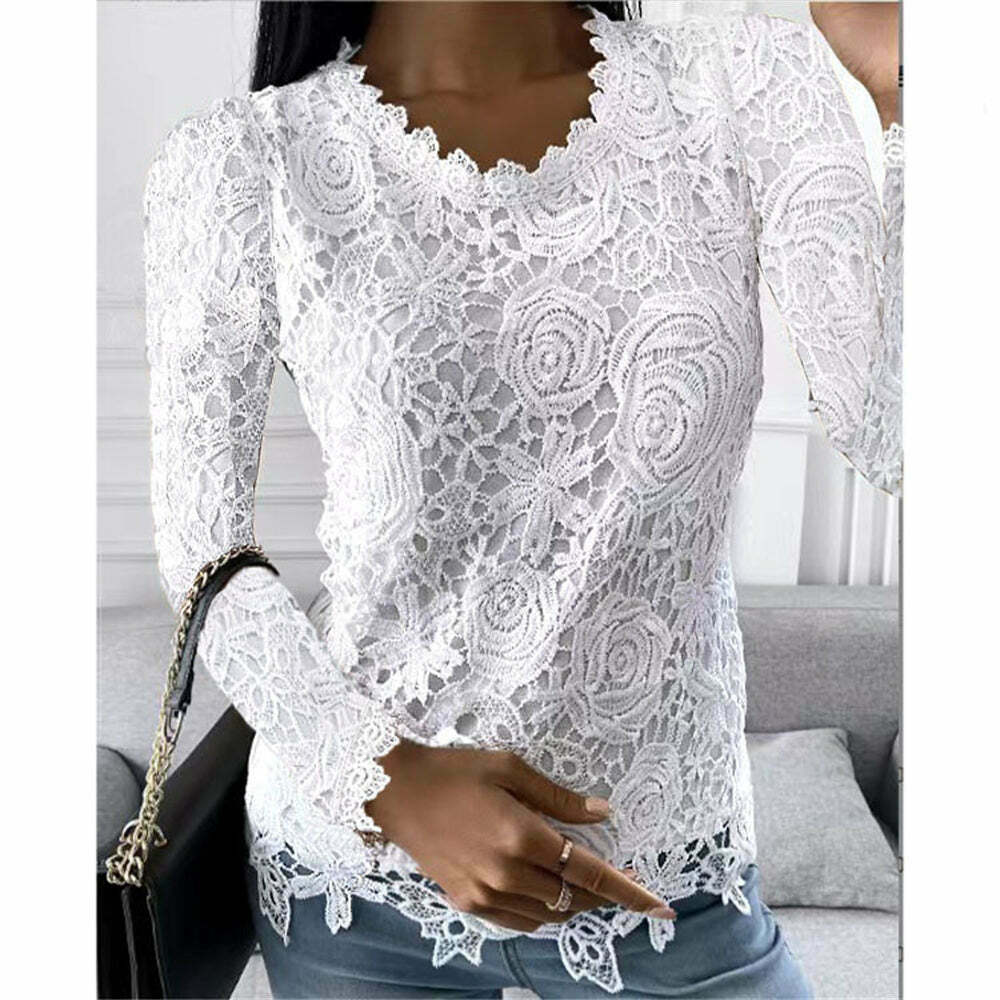 Chic Y2K Lace Patchwork V-Neck Top - Cute Grunge Aesthetic Shirt for Stylish Outfits