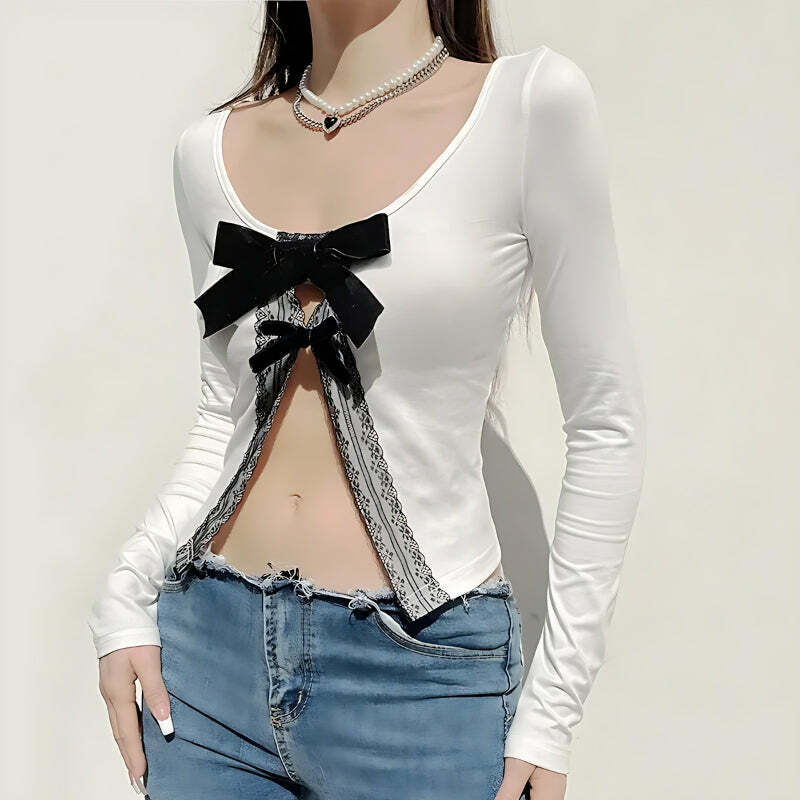 Coquette Aesthetic Bow Open Front Top - Y2K Inspired Cute Crop for Effortless Style