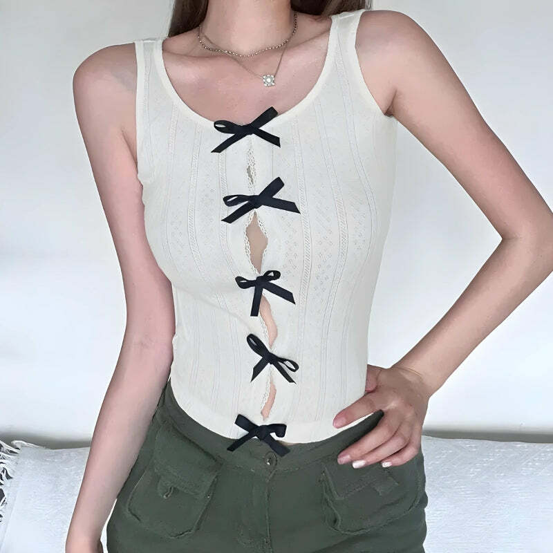 Coquette Aesthetic Bow Pointelle Top - Y2K Inspired Cute Summer Fashion Essential