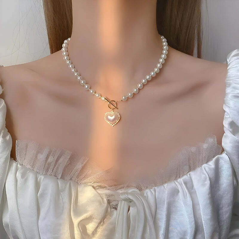 Coquette Aesthetic Heart Pearl Necklace - Y2K Inspired Jewelry for Effortless Style