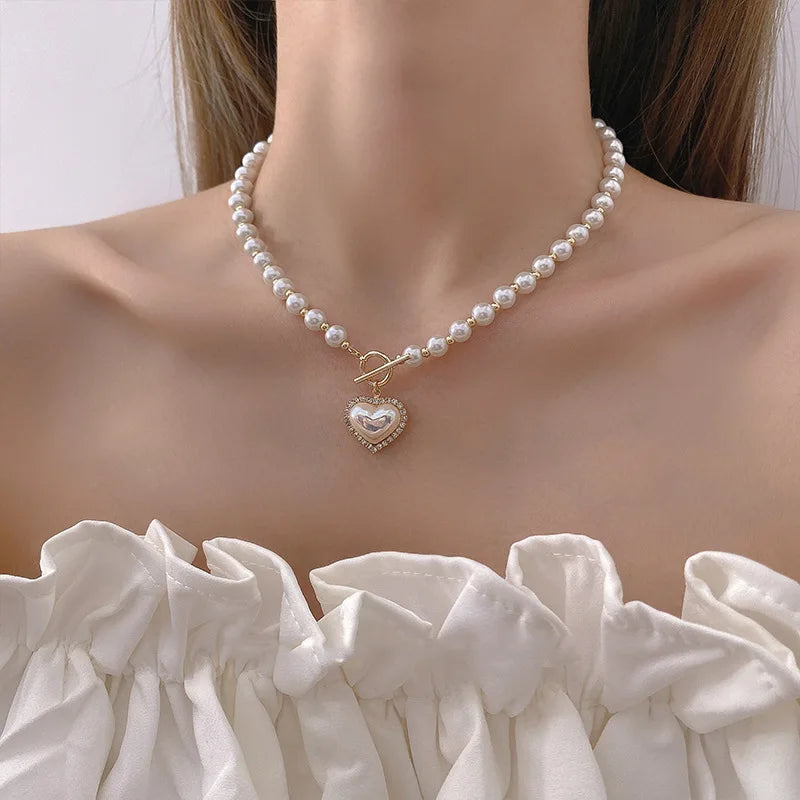 Coquette Aesthetic Heart Pearl Necklace - Y2K Inspired Jewelry for Effortless Style