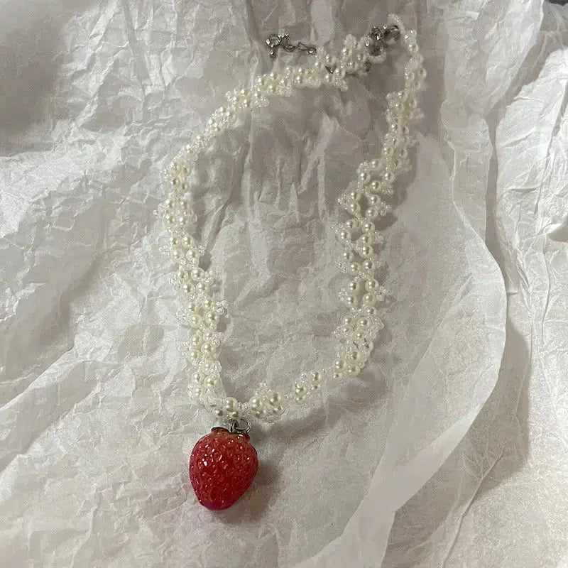 Coquette Aesthetic Strawberry Pearl Beaded Necklace for Y2K and 90s Fashion Lovers