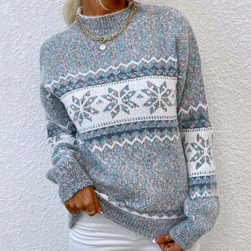 Cozy Christmas Turtleneck Snowflake Knit Sweater - Cute Loose Pullover for Winter Aesthetic