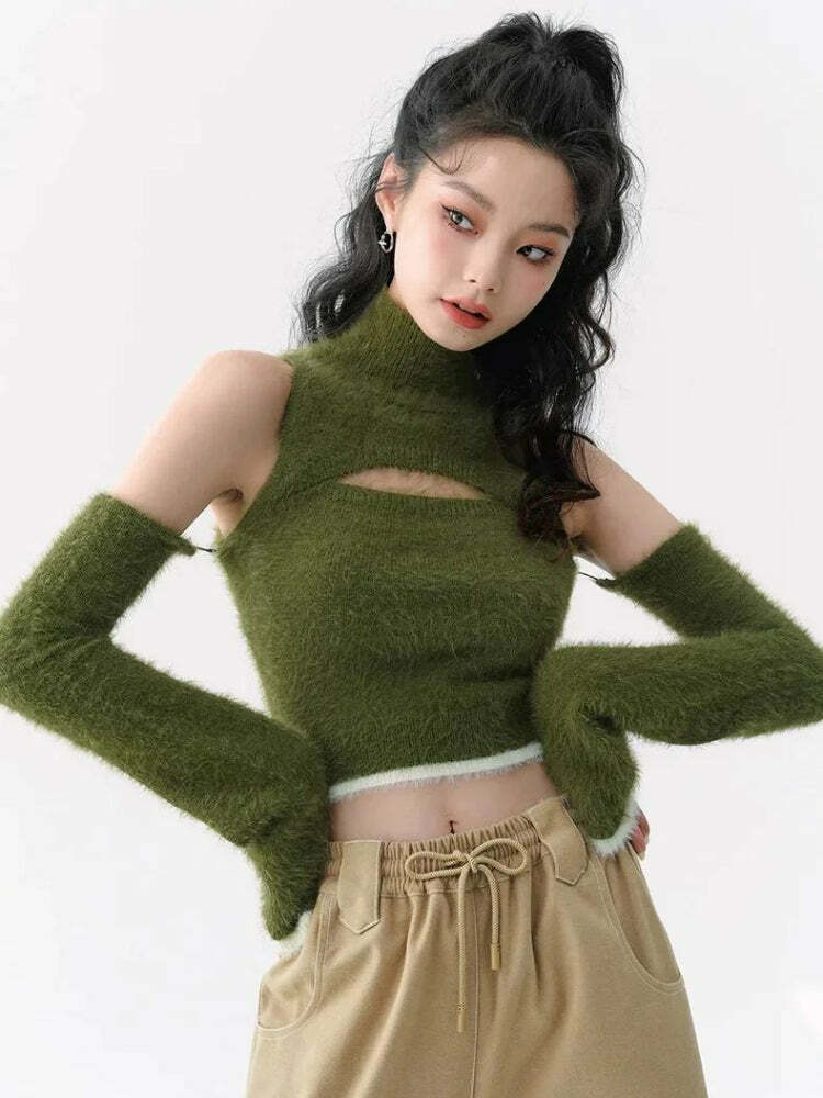 Cozy Cut-Out Fluffy Crop Sweater for Y2K Aesthetic and 90s Fashion Lovers