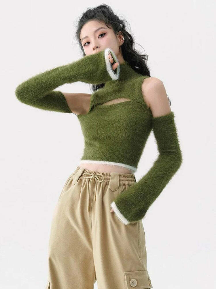 Cozy Cut-Out Fluffy Crop Sweater for Y2K Aesthetic and 90s Fashion Lovers