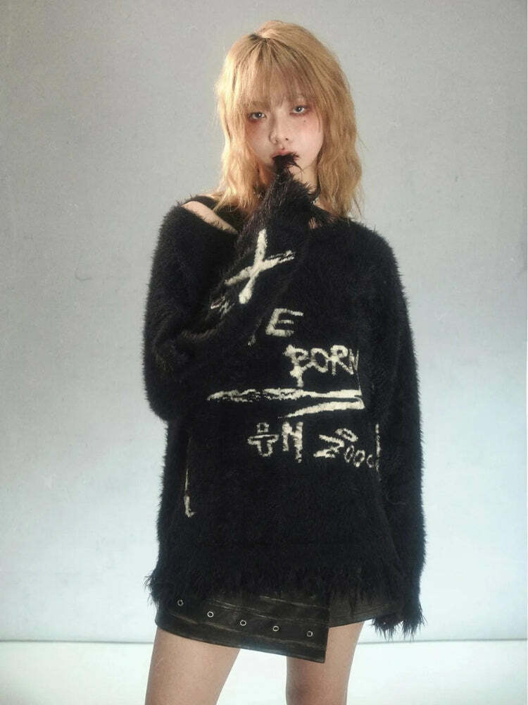 Cozy Grunge Fluffy Knitted Sweater for Y2K Aesthetic and 90s Fashion Lovers