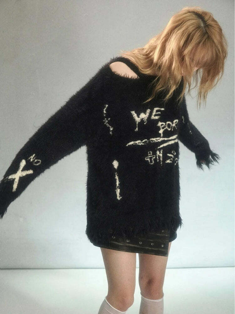 Cozy Grunge Fluffy Knitted Sweater for Y2K Aesthetic and 90s Fashion Lovers