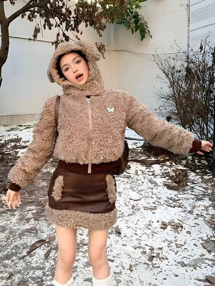 Cozy Rabbit Hood Teddy Two-Piece Set for Y2K Aesthetic Summer Outfits and Cute Looks