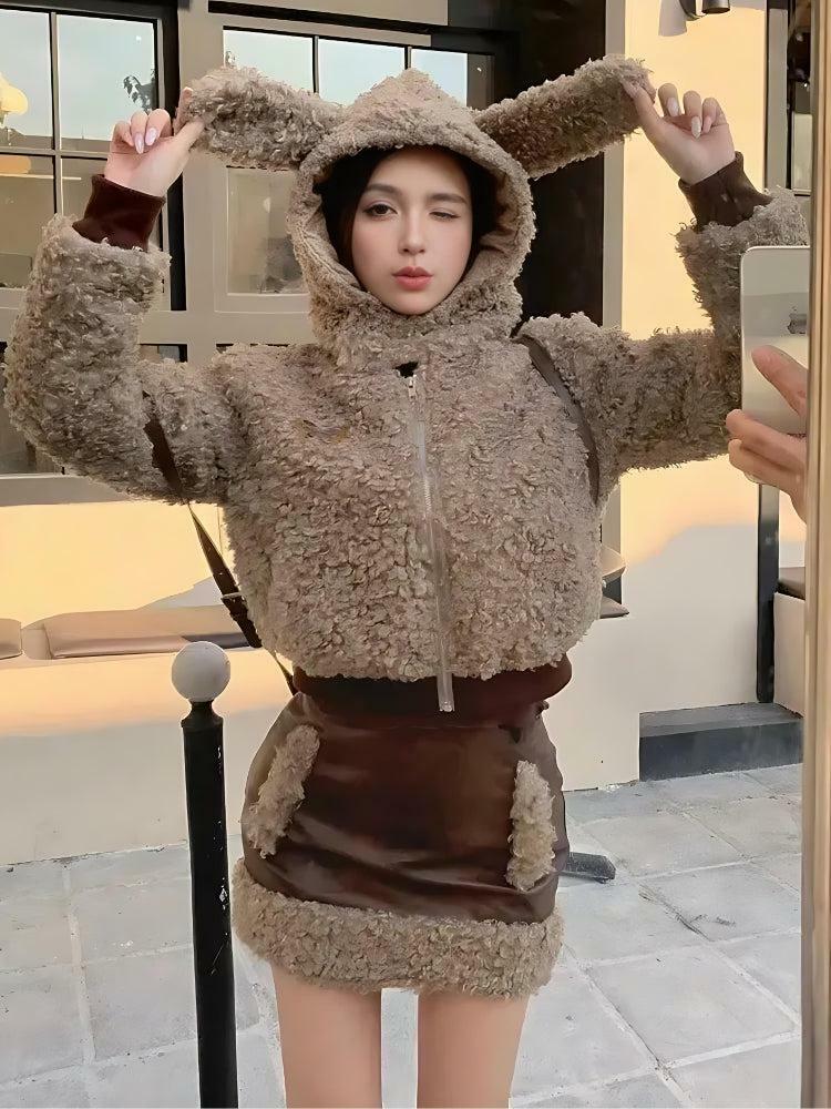 Cozy Rabbit Hood Teddy Two-Piece Set for Y2K Aesthetic Summer Outfits and Cute Looks