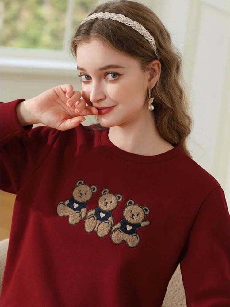 Cozy Teddy Bear Embroidered Sweatshirt - Y2K Aesthetic Grunge Style for Effortless Chic