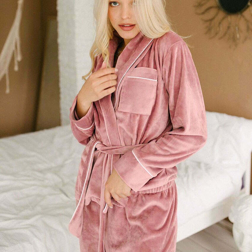 Cozy Velvet Long Sleeve Nightgown with Pockets - Y2K Aesthetic Sleepwear for Comfy Nights