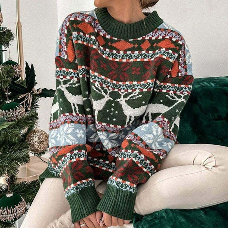 Cozy Y2K Aesthetic Snowflake Print Sweater - Cute Knitted Pullover for Fall Fashion