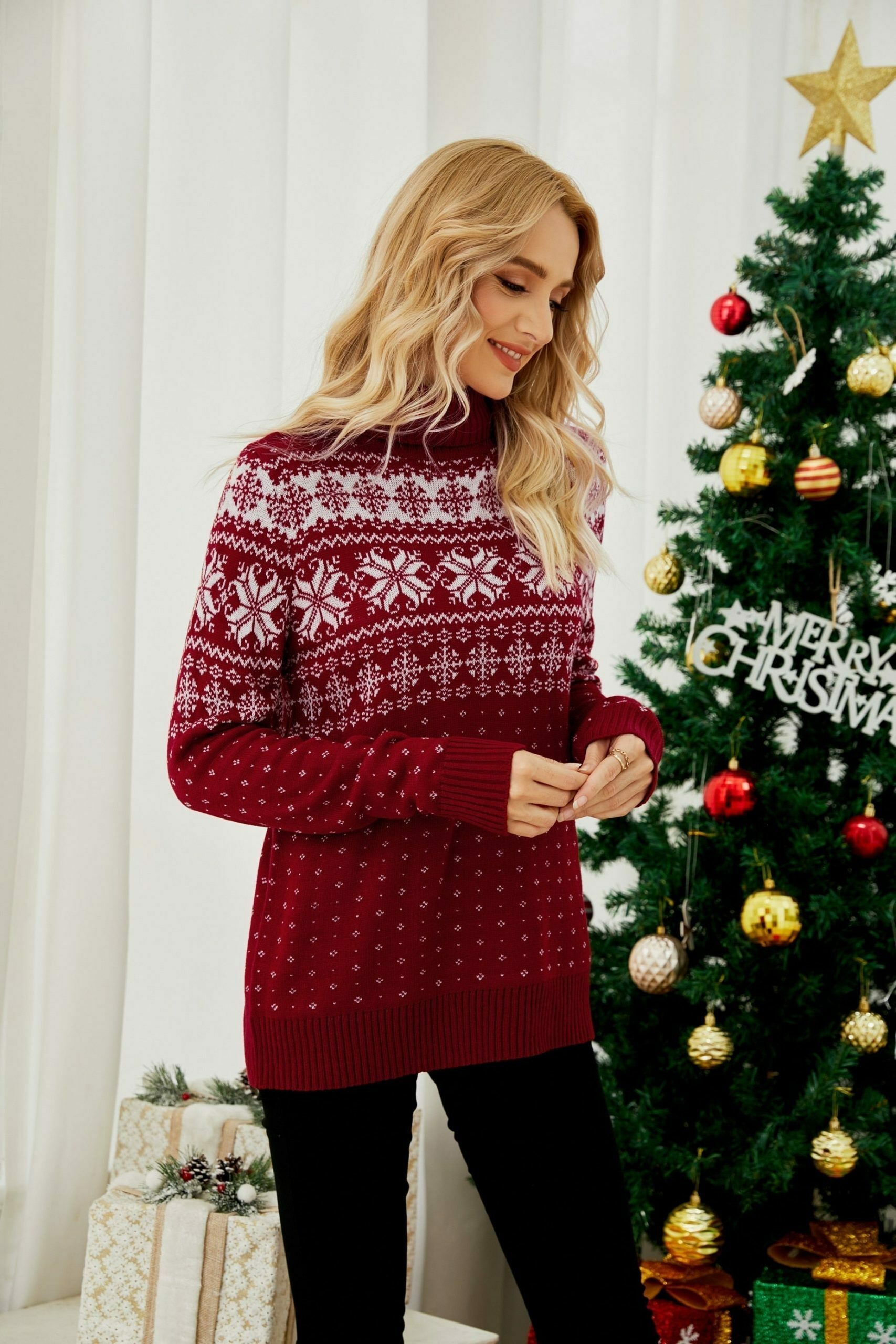 Cozy Y2K-Inspired Christmas Turtleneck Sweater with Snowflake Print - Trendy Knit Top