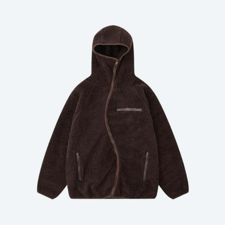 Cozy Y2K-Inspired Funnel Neck Zip-Up Teddy Hoodie for Effortless Grunge Style