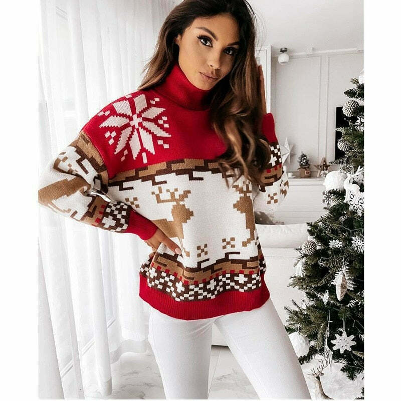 Cozy Y2K Turtleneck Sweater with Elk Snowflake Pattern - Cute Winter Pullover for Aesthetic Looks